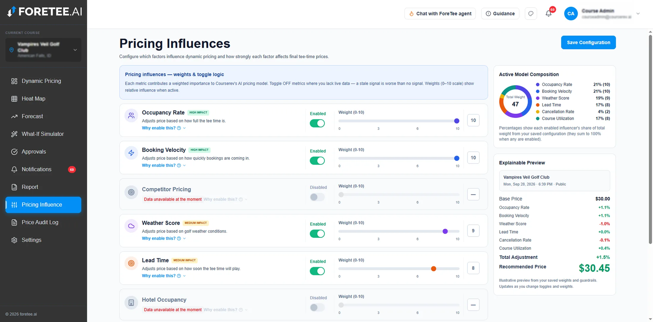 ForeTee.AI pricing influence settings showing weighted signals and an explainable price preview